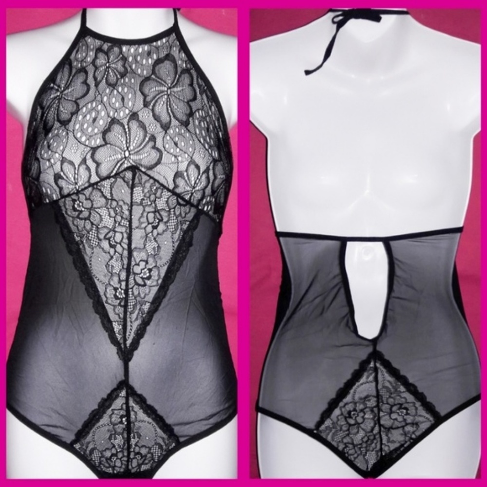 Sheer Black Floral Lace Mesh Halter Teddy Bodysuit - Picture 2 of 6